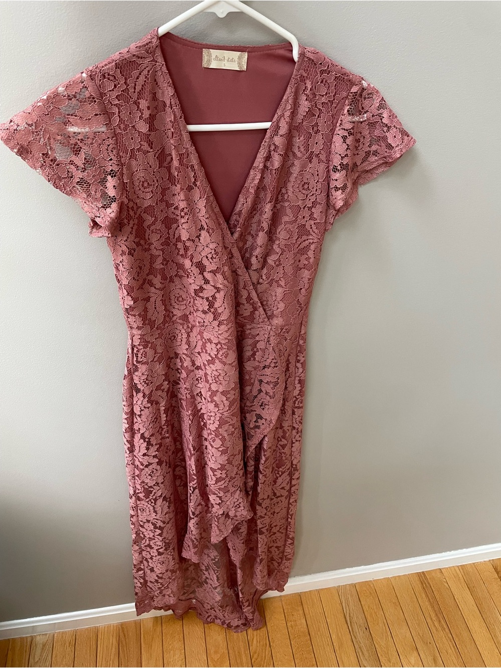 New Altar'd State Dark Mauve Lace High-Low Wrap Dress